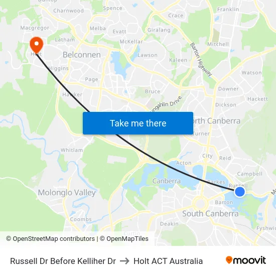 Russell Dr Before Kelliher Dr to Holt ACT Australia map