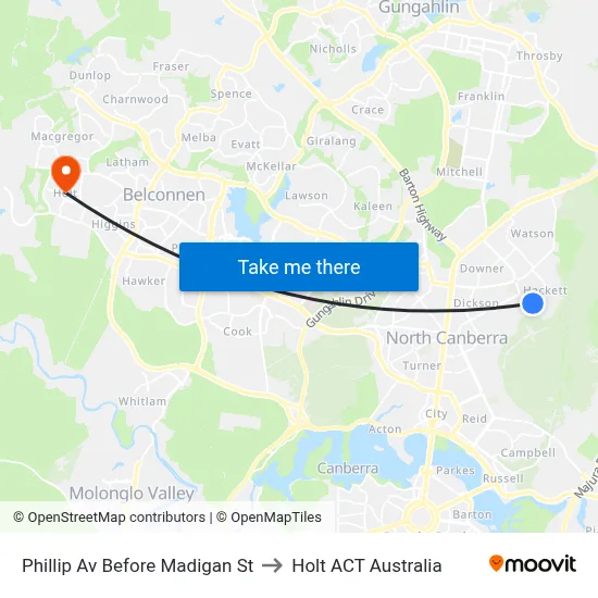 Phillip Av Before Madigan St to Holt ACT Australia map