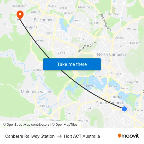 Canberra Railway Station to Holt ACT Australia map