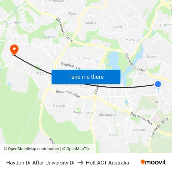 Haydon Dr After University Dr to Holt ACT Australia map