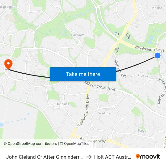 John Cleland Cr After Ginninderra Dr to Holt ACT Australia map