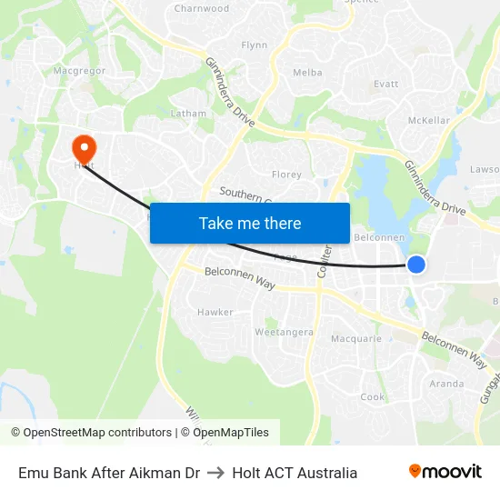 Emu Bank After Aikman Dr to Holt ACT Australia map