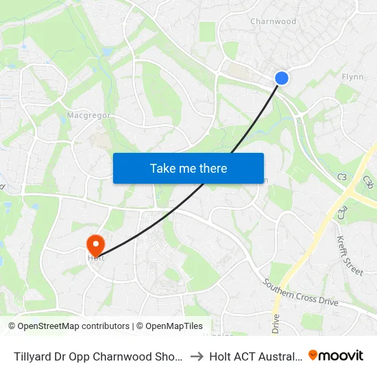 Tillyard Dr Opp Charnwood Shops to Holt ACT Australia map