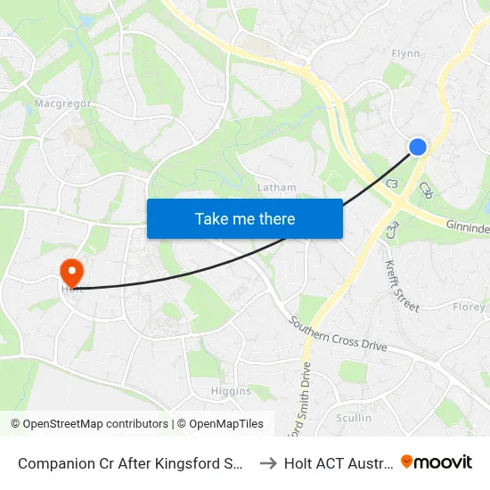 Companion Cr After Kingsford Smith Dr to Holt ACT Australia map