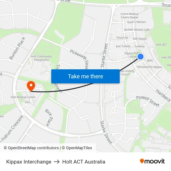 Kippax Interchange to Holt ACT Australia map