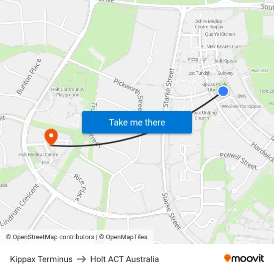 Kippax Terminus to Holt ACT Australia map