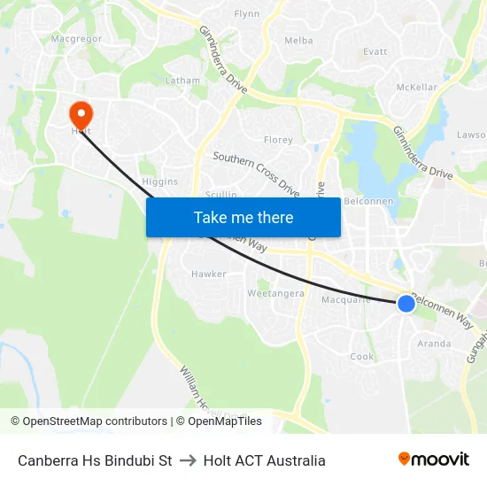 Canberra Hs Bindubi St to Holt ACT Australia map