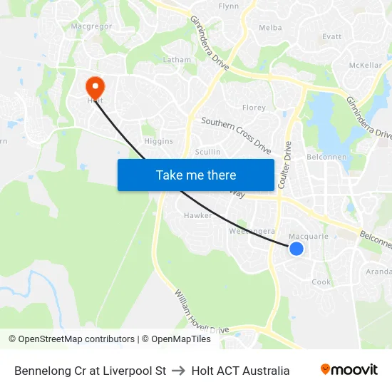 Bennelong Cr at Liverpool St to Holt ACT Australia map