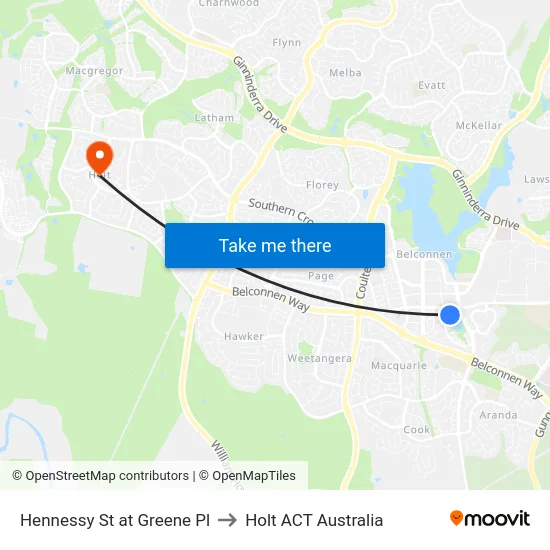 Hennessy St at Greene Pl to Holt ACT Australia map