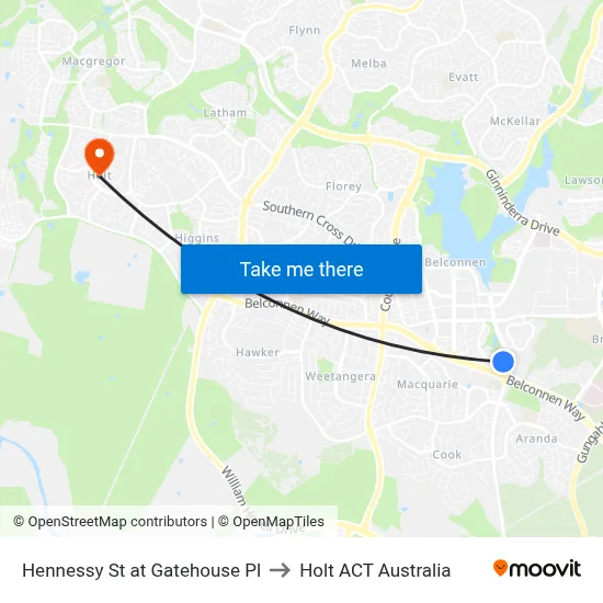 Hennessy St at Gatehouse Pl to Holt ACT Australia map