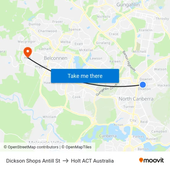 Dickson Shops Antill St to Holt ACT Australia map