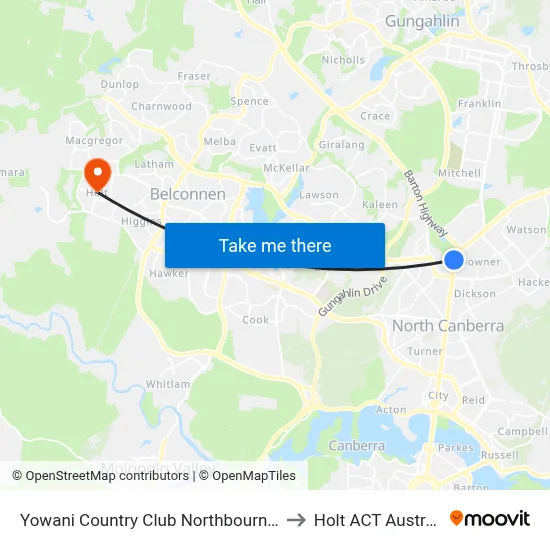 Yowani Country Club Northbourne Av to Holt ACT Australia map