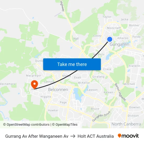 Gurrang Av After Wanganeen Av to Holt ACT Australia map