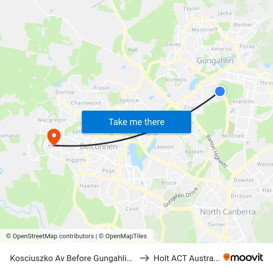 Kosciuszko Av Before Gungahlin Dr to Holt ACT Australia map