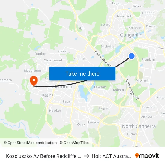 Kosciuszko Av Before Redcliffe St to Holt ACT Australia map