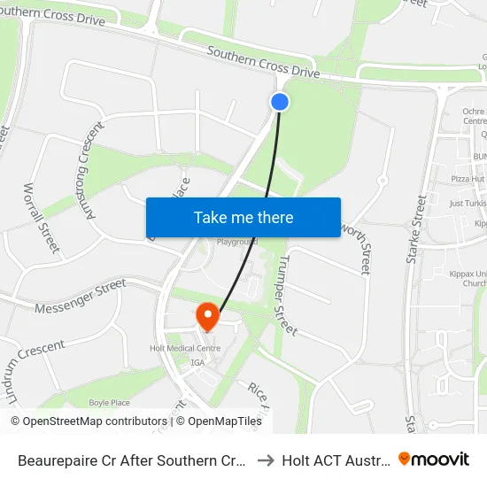 Beaurepaire Cr After Southern Cross Dr to Holt ACT Australia map