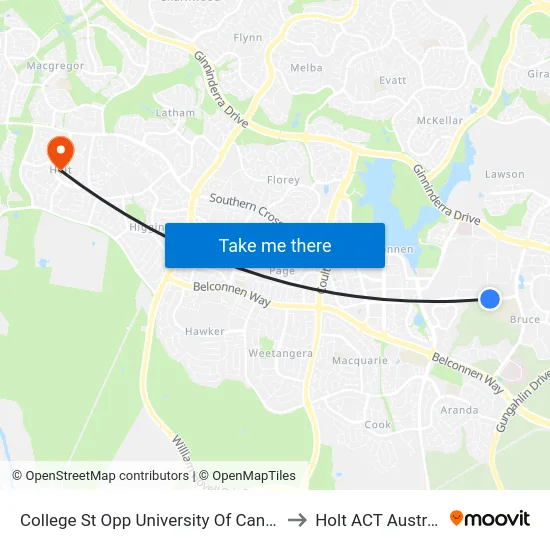 College St Opp University Of Canberra to Holt ACT Australia map