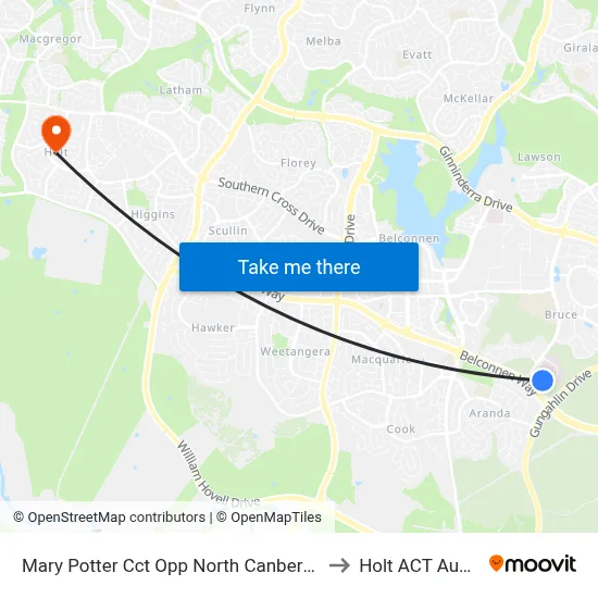 Mary Potter Cct Opp North Canberra Hospital to Holt ACT Australia map
