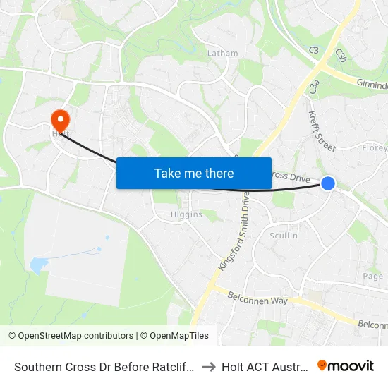 Southern Cross Dr Before Ratcliffe Cr to Holt ACT Australia map