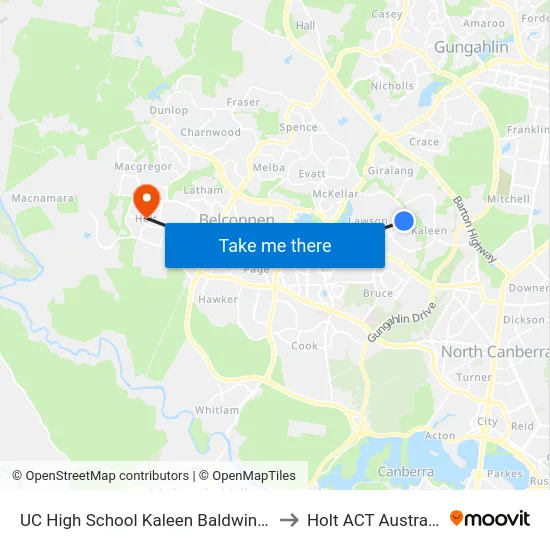 UC High School Kaleen Baldwin Dr to Holt ACT Australia map