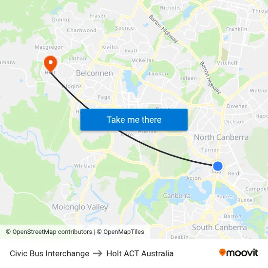 Civic Bus Interchange to Holt ACT Australia map
