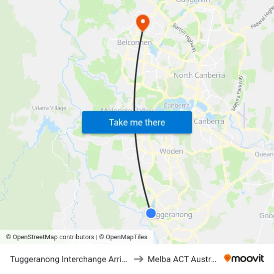 Tuggeranong Interchange Arrivals to Melba ACT Australia map