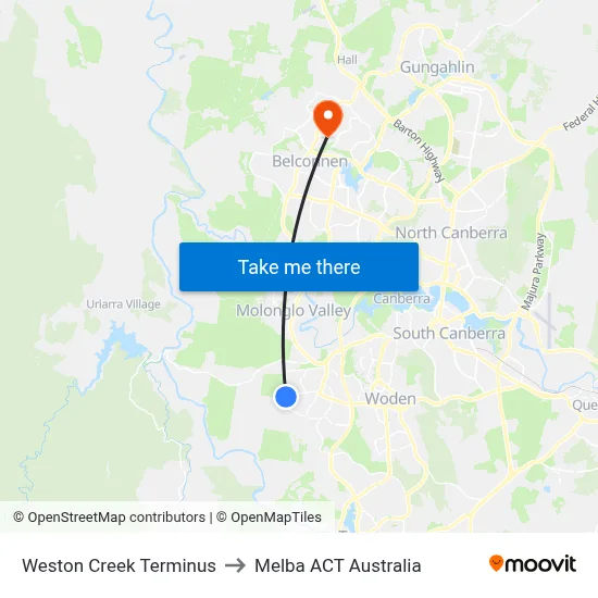Weston Creek Terminus to Melba ACT Australia map
