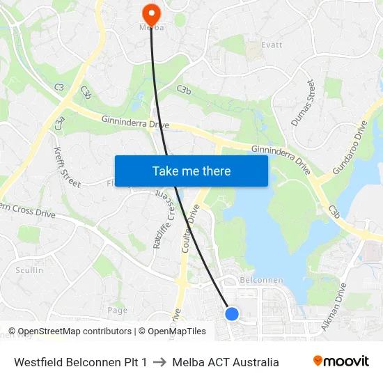 Westfield Belconnen Plt 1 to Melba ACT Australia map