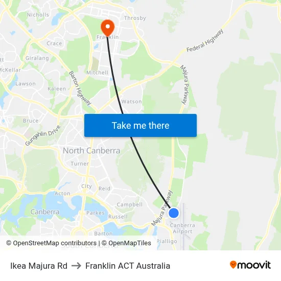 Ikea Majura Rd to Franklin ACT Australia map
