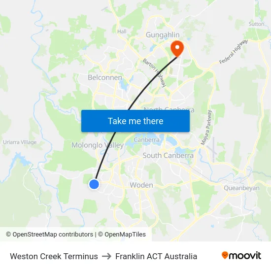 Weston Creek Terminus to Franklin ACT Australia map