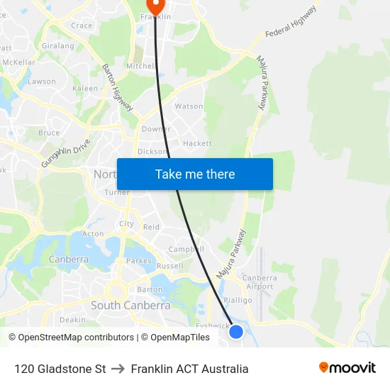 120 Gladstone St to Franklin ACT Australia map