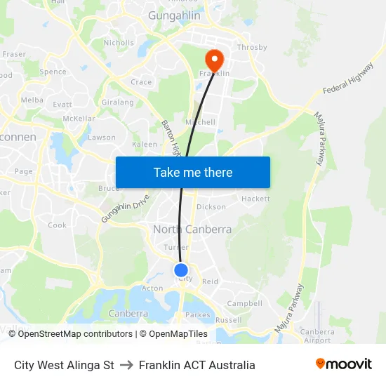 City West Alinga St to Franklin ACT Australia map
