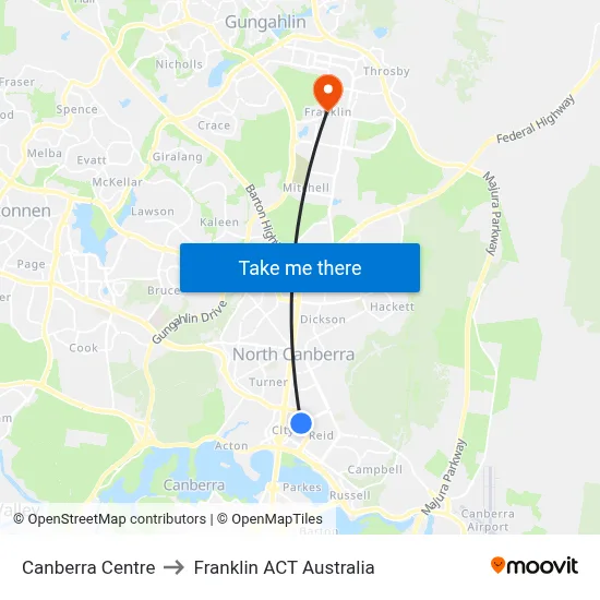 Canberra Centre to Franklin ACT Australia map