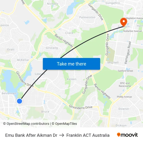Emu Bank After Aikman Dr to Franklin ACT Australia map