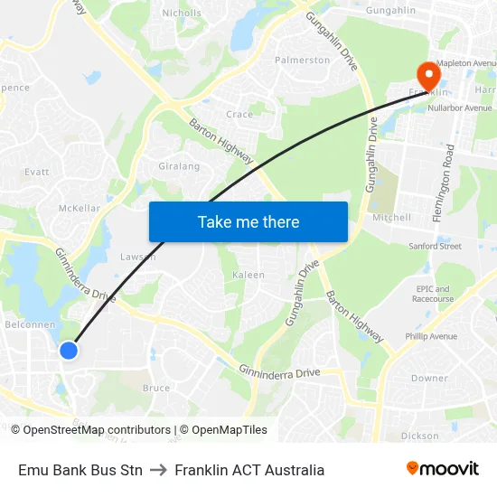 Emu Bank Bus Stn to Franklin ACT Australia map
