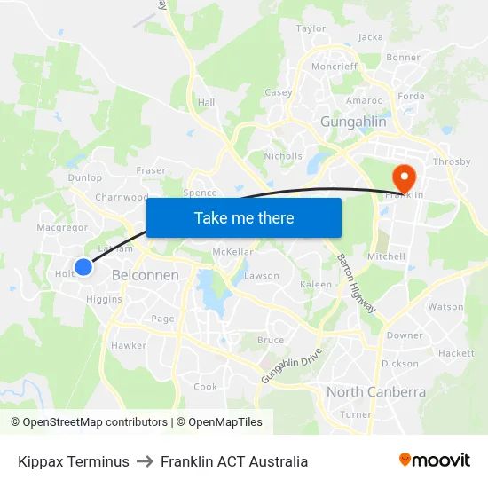 Kippax Terminus to Franklin ACT Australia map