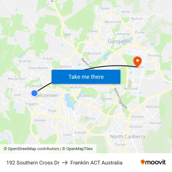 192 Southern Cross Dr to Franklin ACT Australia map