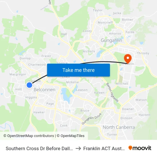 Southern Cross Dr Before Dalley Cr to Franklin ACT Australia map