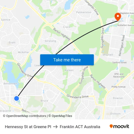 Hennessy St at Greene Pl to Franklin ACT Australia map