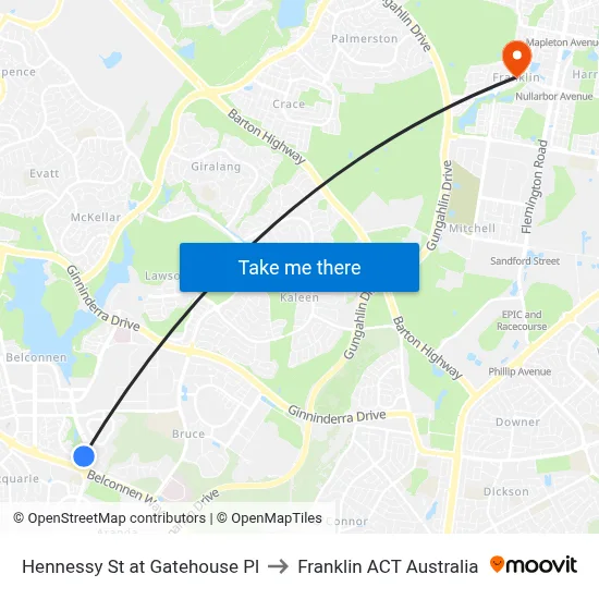 Hennessy St at Gatehouse Pl to Franklin ACT Australia map