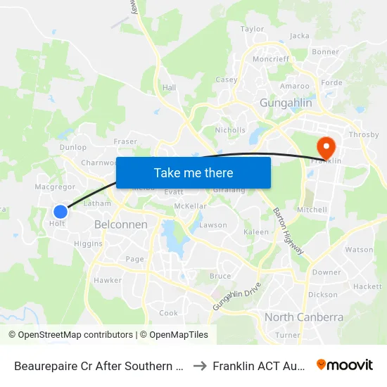 Beaurepaire Cr After Southern Cross Dr to Franklin ACT Australia map