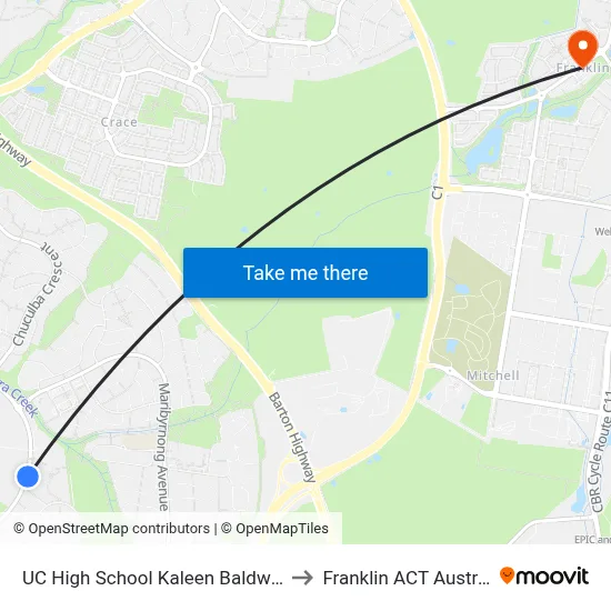 UC High School Kaleen Baldwin Dr to Franklin ACT Australia map
