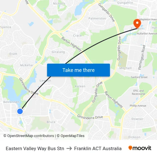 Eastern Valley Way Bus Stn to Franklin ACT Australia map