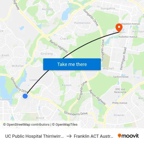 UC Public Hospital Thirriwirri St to Franklin ACT Australia map