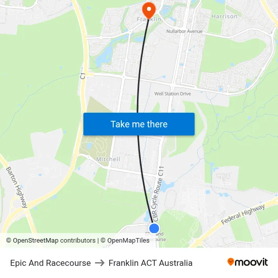 Epic And Racecourse to Franklin ACT Australia map