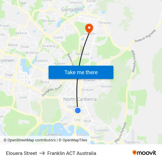 Elouera Street to Franklin ACT Australia map