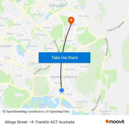 Alinga Street to Franklin ACT Australia map