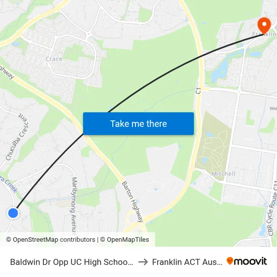 Baldwin Dr Opp UC High School Kaleen to Franklin ACT Australia map