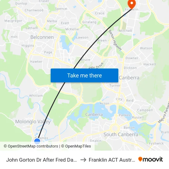 John Gorton Dr After Fred Daly Av to Franklin ACT Australia map