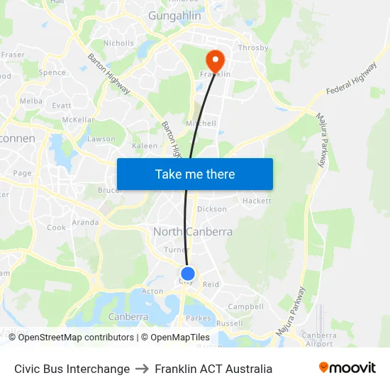 Civic Bus Interchange to Franklin ACT Australia map